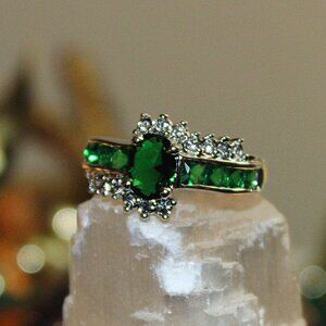 Elegant Green Tsavorite and White Zircon 10K Gold Fill Ring